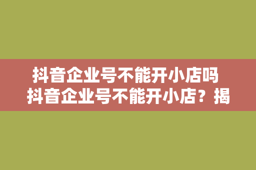 抖音企业号不能开小店吗 抖音企业号不能开小店?揭秘抖音小店功能及运营策略