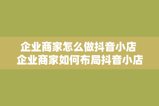 企业商家怎么做抖音小店 企业商家如何布局抖音小店:全面解析运营策略与实操指南
